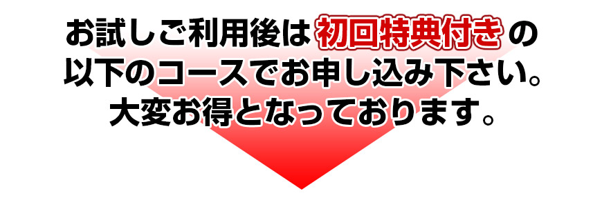 お試しご利用後は初回特典つきの以下のプランでお申し込み下さい。大変お得となっております。